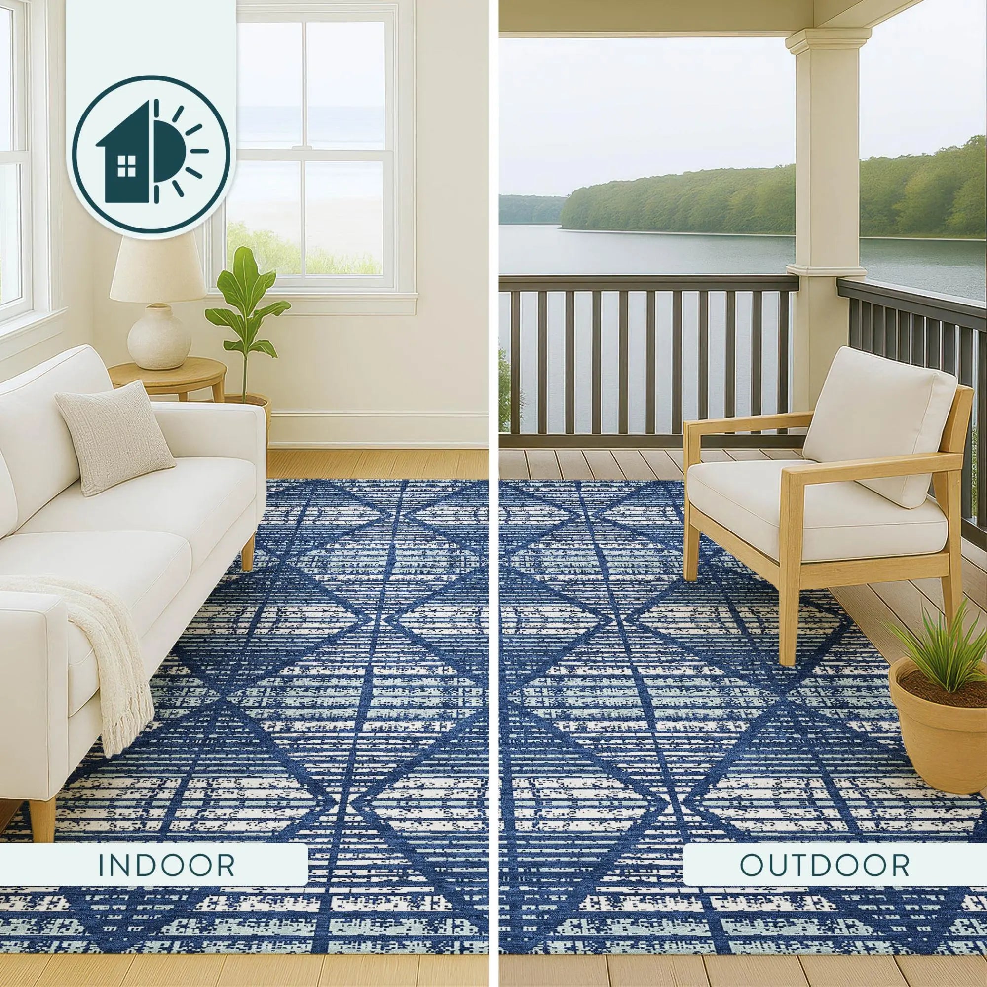 8' Blue And Charcoal Round Geometric Washable Indoor Outdoor Area Rug Homeroots Outdoor