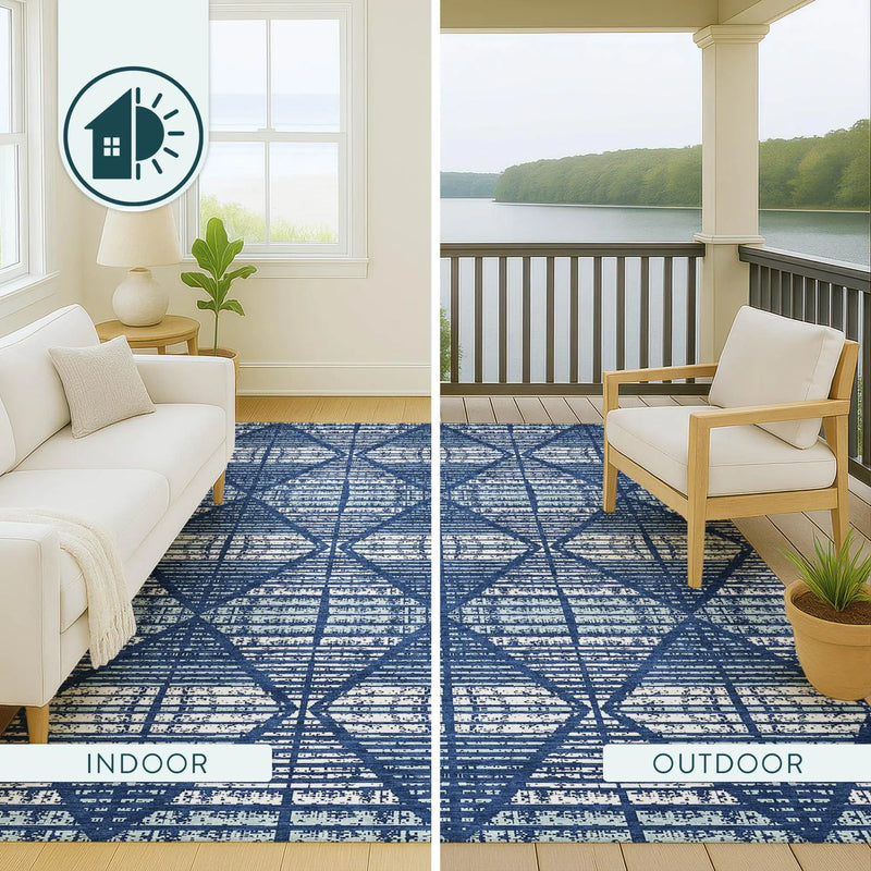 8' Blue And Charcoal Round Geometric Washable Indoor Outdoor Area Rug Homeroots Outdoor