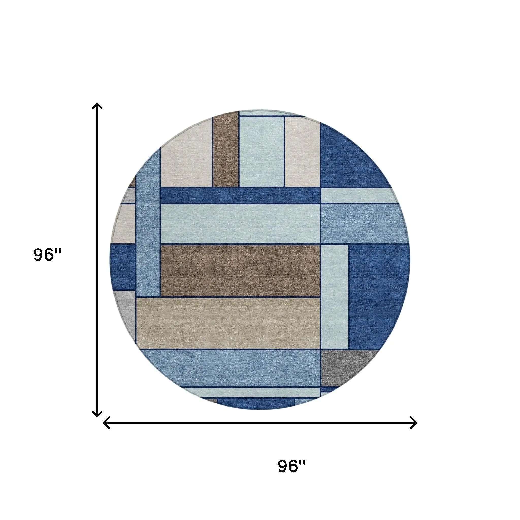8' Blue And Chocolate Round Geometric Washable Indoor Outdoor Area Rug Homeroots Outdoor