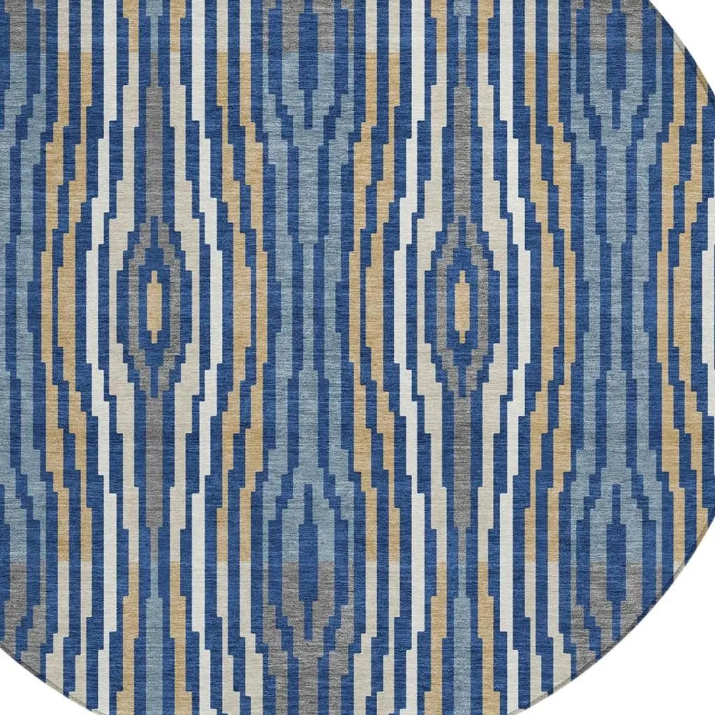 8' Blue And Denim Blue Round Abstract Washable Indoor Outdoor Area Rug Homeroots Outdoor