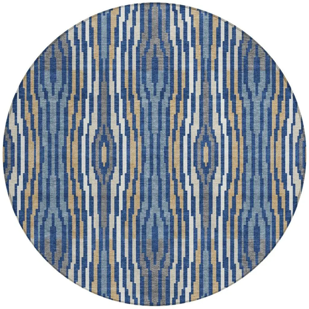 8' Blue And Denim Blue Round Abstract Washable Indoor Outdoor Area Rug Homeroots Outdoor