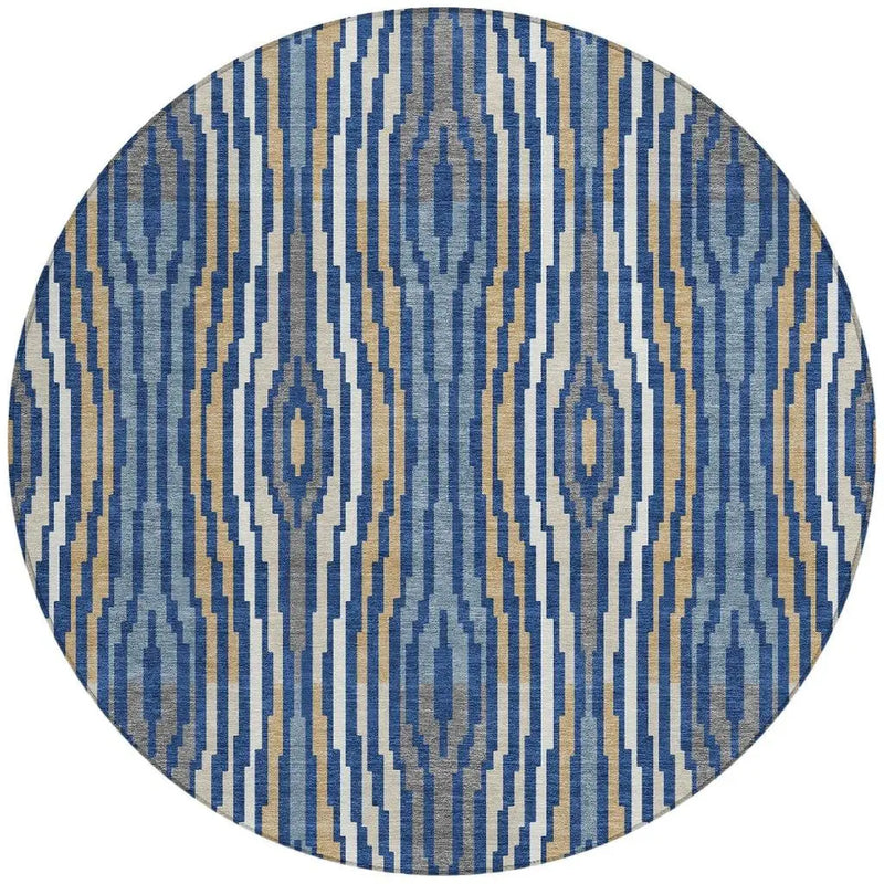 8' Blue And Denim Blue Round Abstract Washable Indoor Outdoor Area Rug Homeroots Outdoor