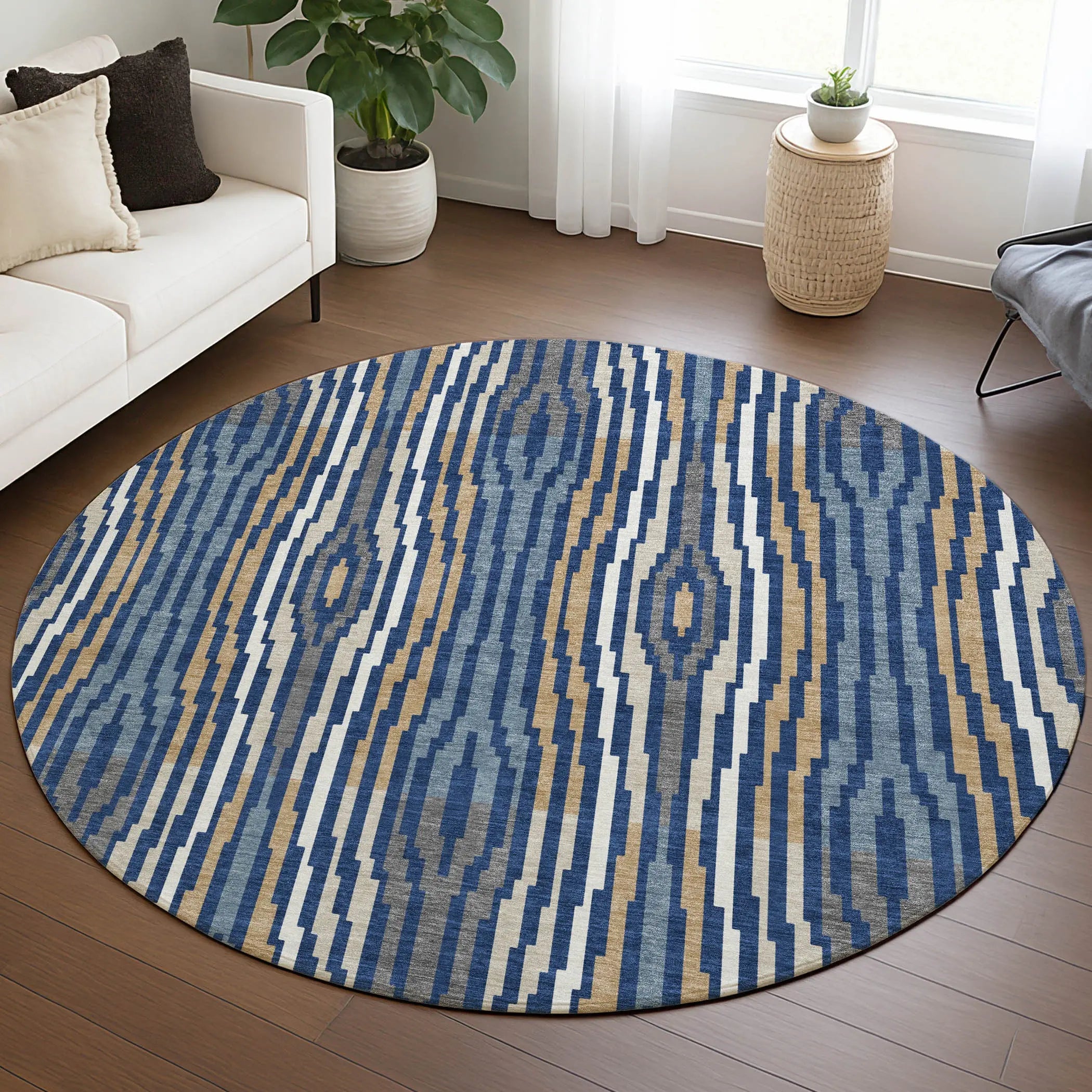 8' Blue And Denim Blue Round Abstract Washable Indoor Outdoor Area Rug Homeroots Outdoor