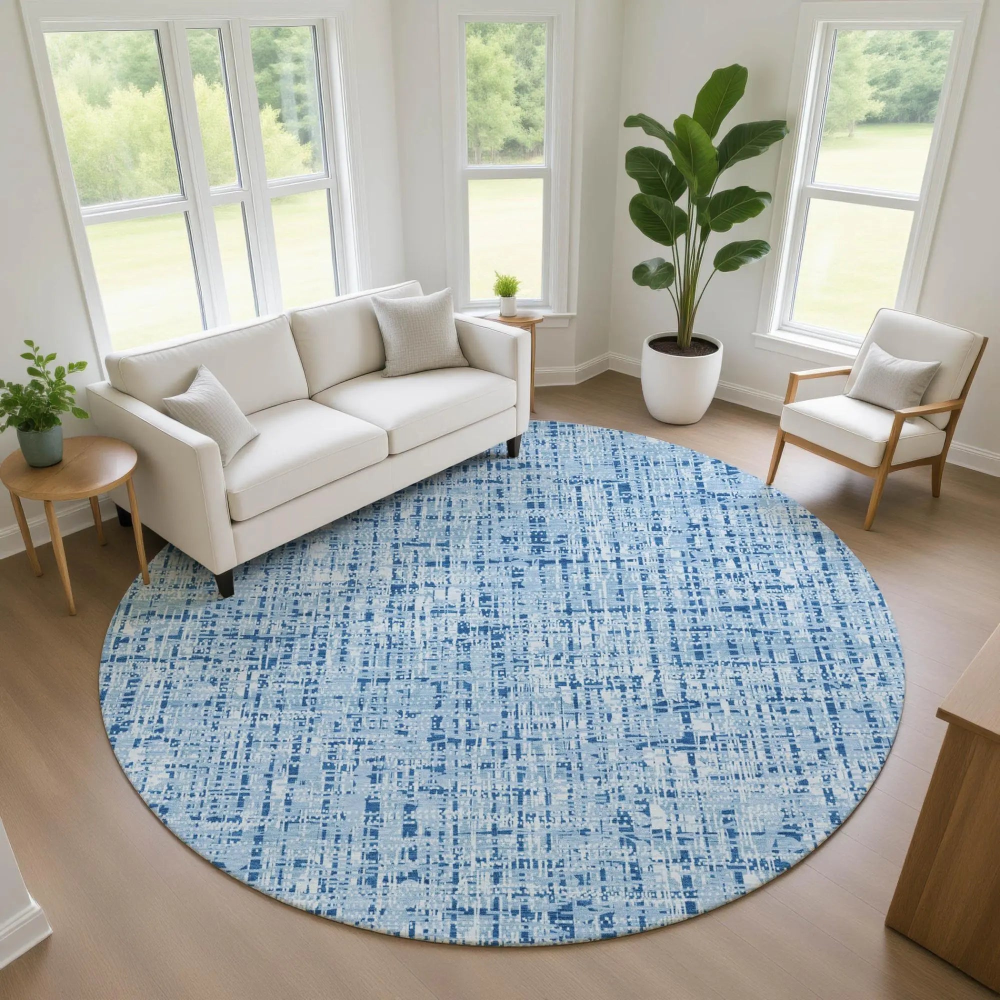 8' Blue And Denim Blue Round Abstract Washable Indoor Outdoor Area Rug Homeroots Outdoor