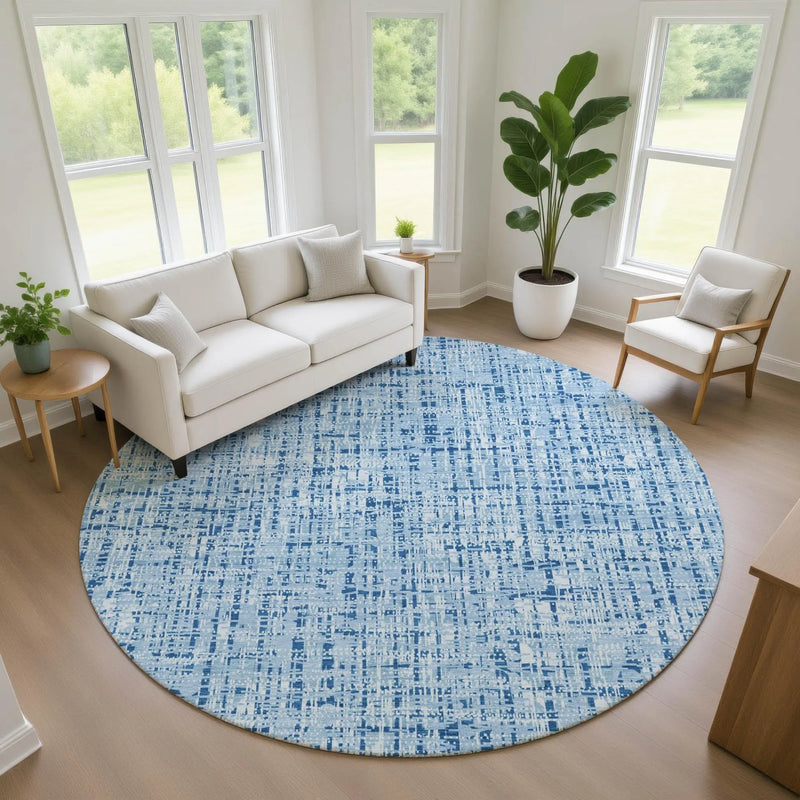 8' Blue And Denim Blue Round Abstract Washable Indoor Outdoor Area Rug Homeroots Outdoor