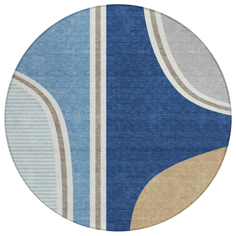8' Blue And Denim Blue Round Geometric Washable Indoor Outdoor Area Rug Homeroots Outdoor