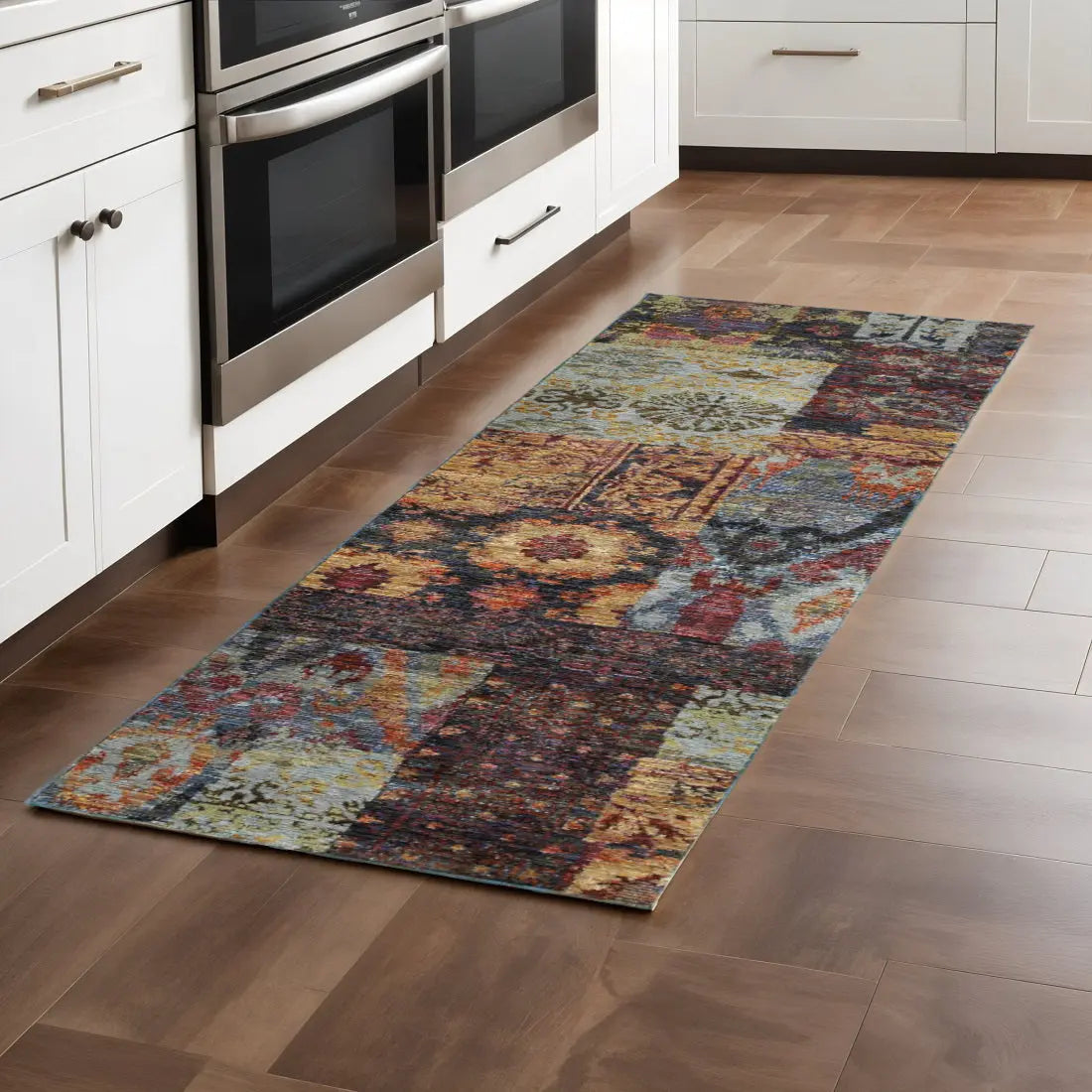 8' Blue And Gold Abstract Runner Rug Homeroots Home Decor