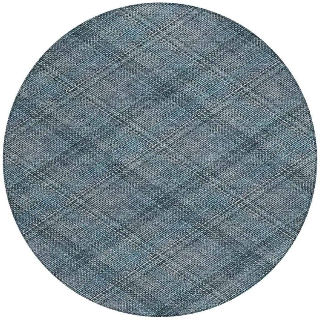 8' Blue And Graphite Round Plaid Washable Indoor Outdoor Area Rug Homeroots Outdoor