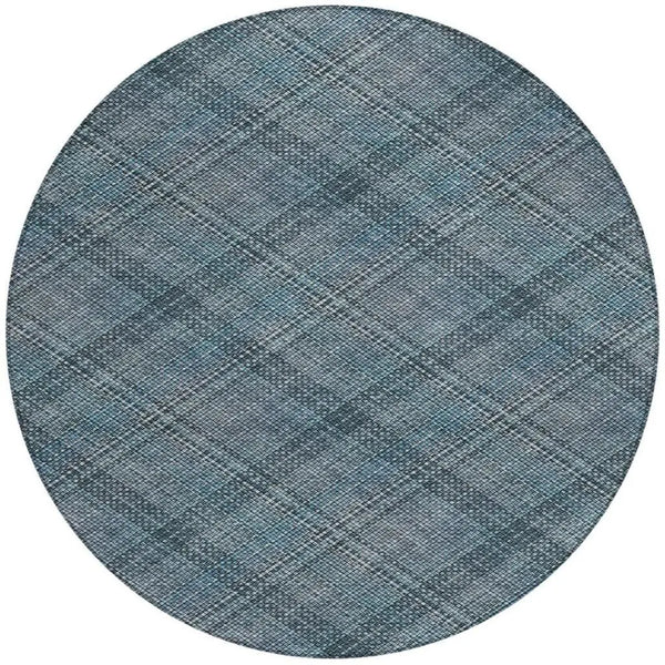 8' Blue And Graphite Round Plaid Washable Indoor Outdoor Area Rug Homeroots Outdoor