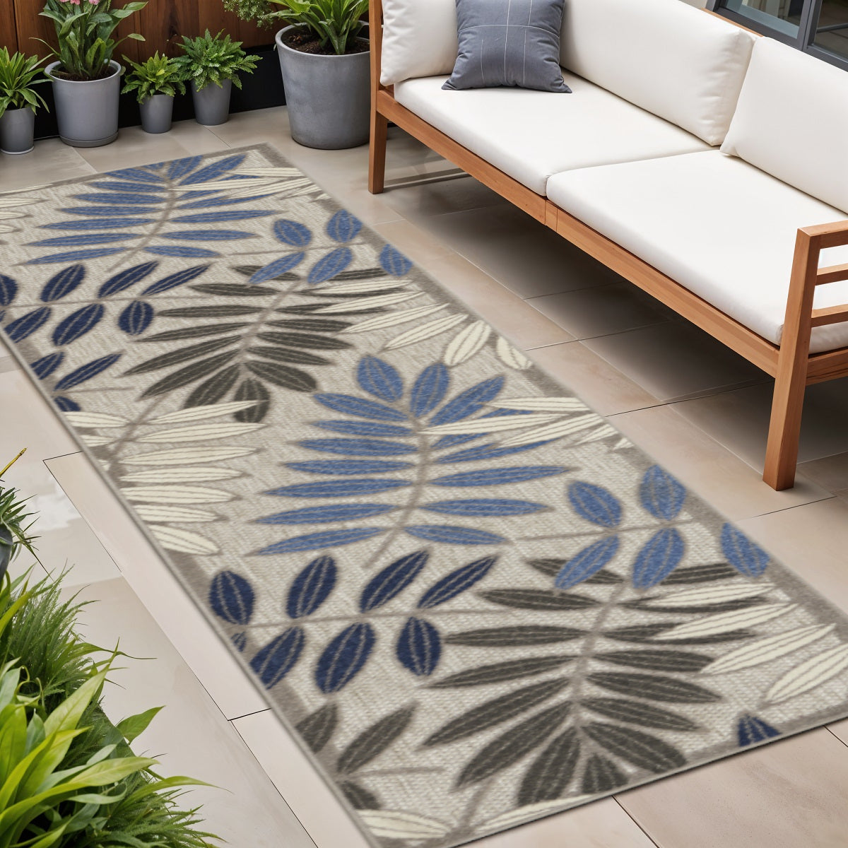 8' Blue And Gray Floral Indoor Outdoor Area Rug - GreatEagleInc