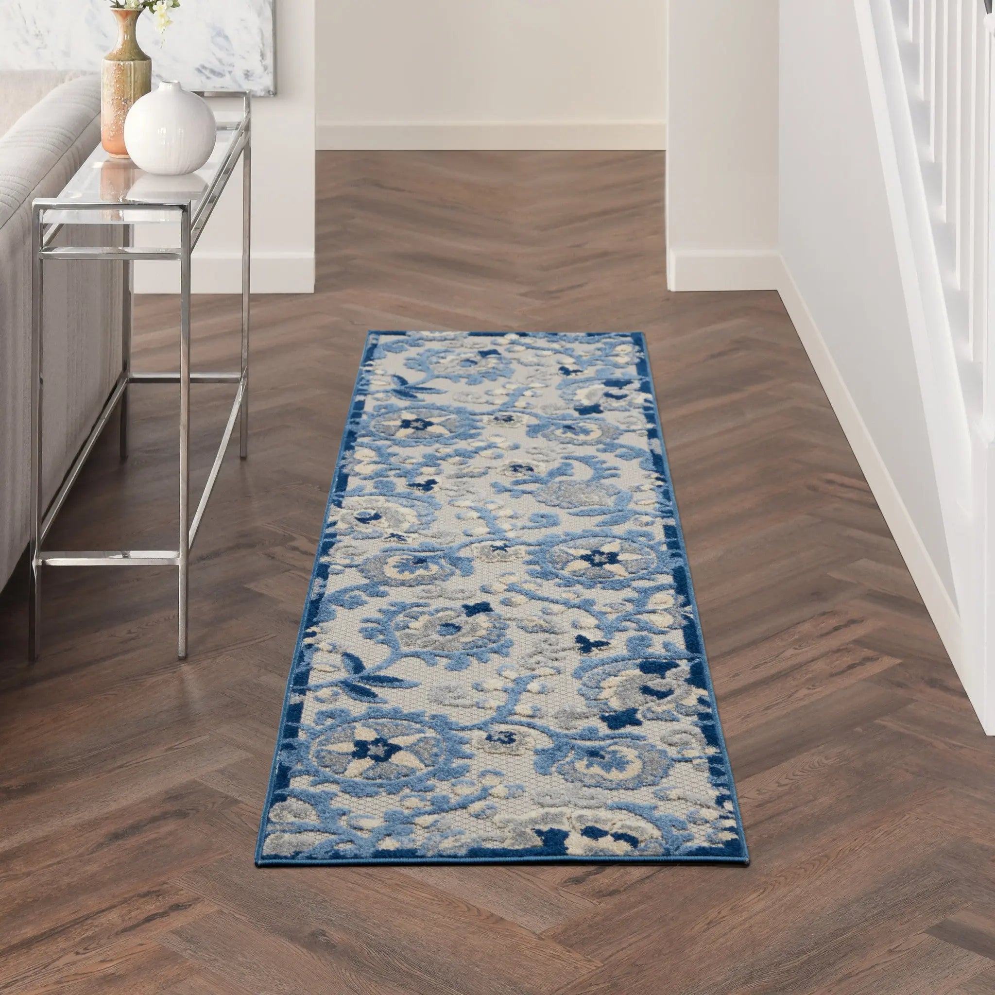 8' Blue And Gray Indoor Outdoor Runner Rug Homeroots Outdoor