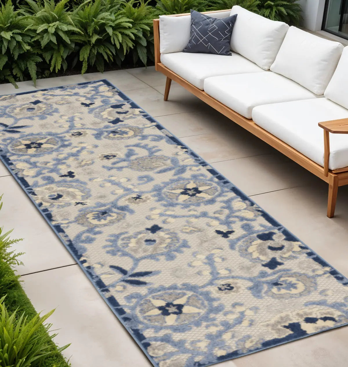 8' Blue And Gray Indoor Outdoor Runner Rug Homeroots Outdoor