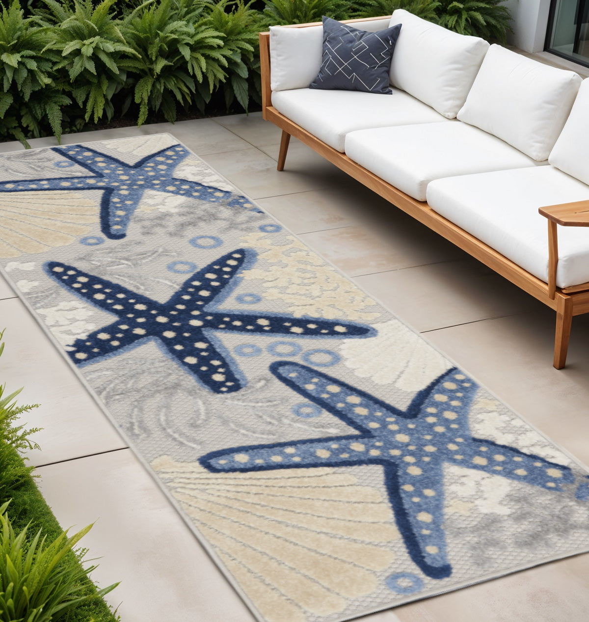 8' Blue And Gray Indoor Outdoor Runner Rug - GreatEagleInc