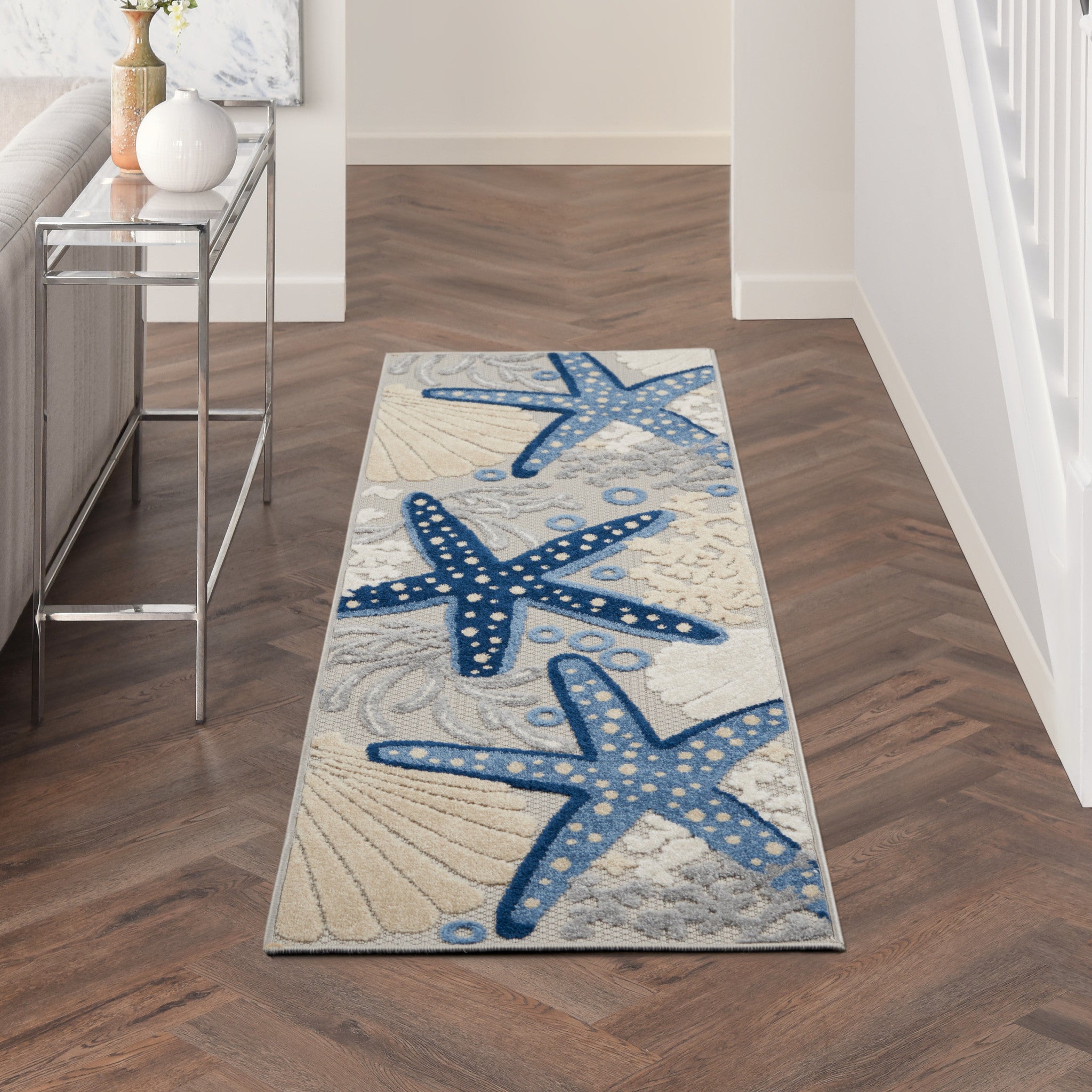 8' Blue And Gray Indoor Outdoor Runner Rug - GreatEagleInc