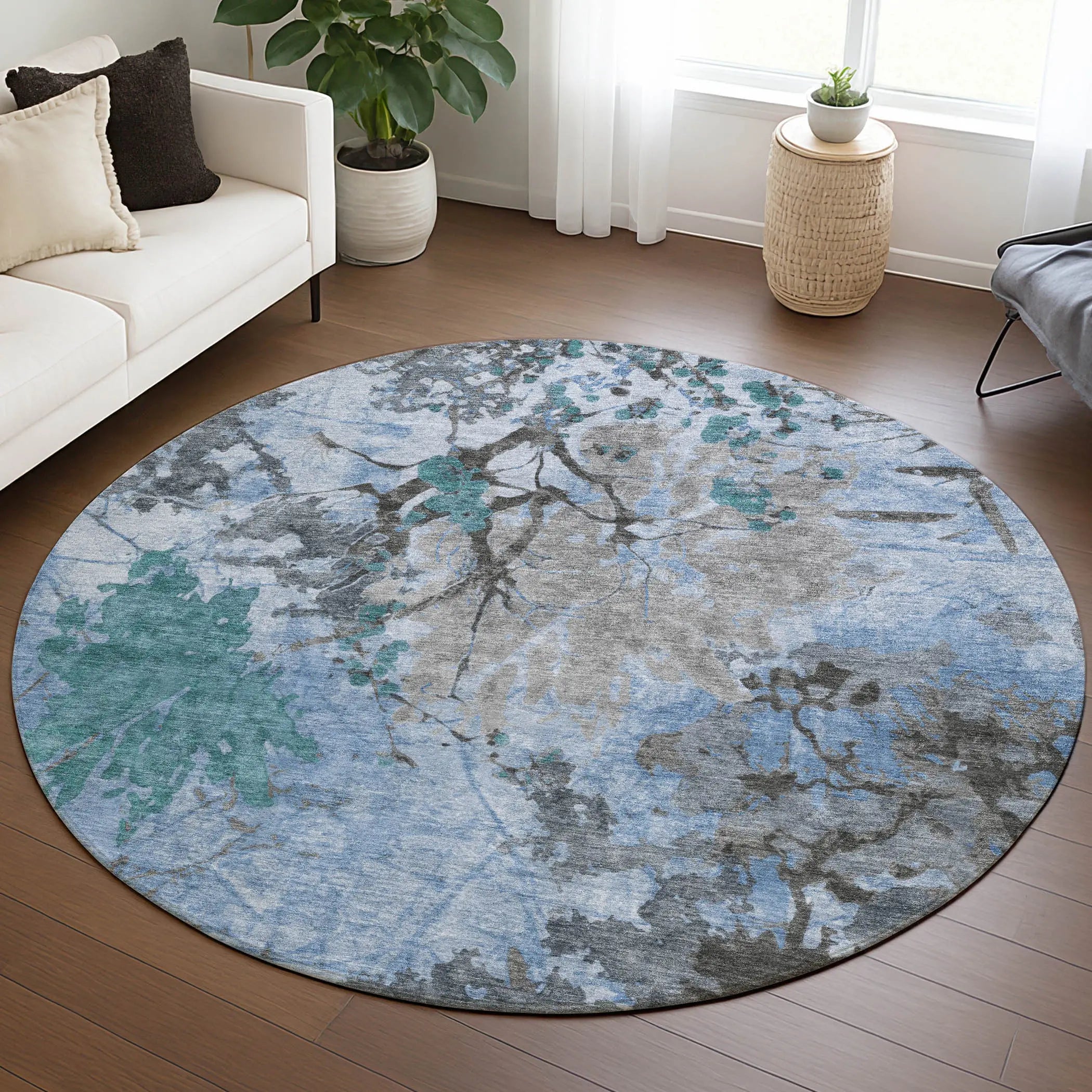 8' Blue And Gray Round Abstract Washable Indoor Outdoor Area Rug Homeroots Outdoor