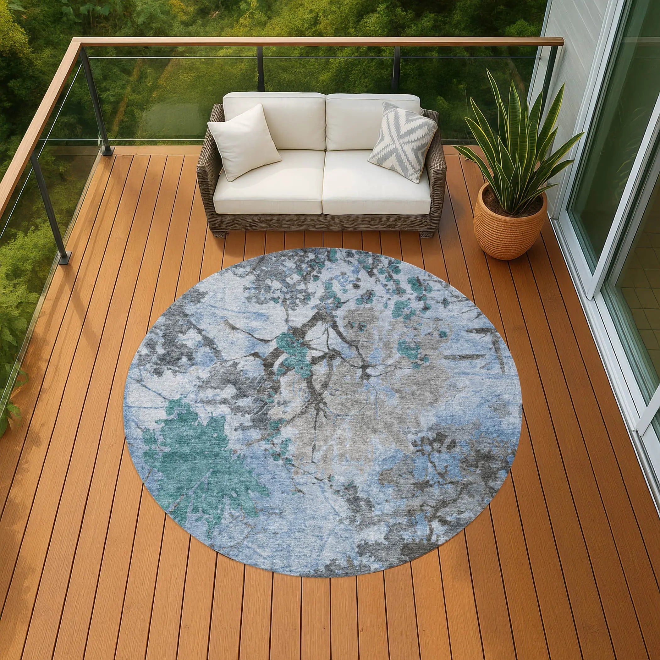 8' Blue And Gray Round Abstract Washable Indoor Outdoor Area Rug Homeroots Outdoor