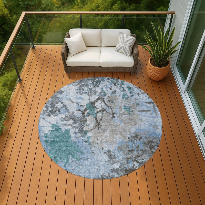 8' Blue And Gray Round Abstract Washable Indoor Outdoor Area Rug Homeroots Outdoor