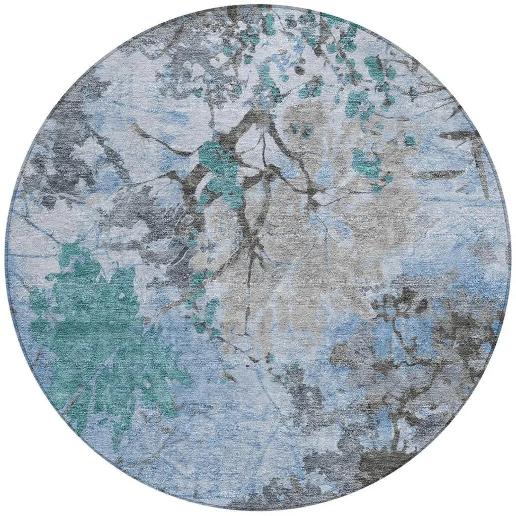 8' Blue And Gray Round Abstract Washable Indoor Outdoor Area Rug Homeroots Outdoor