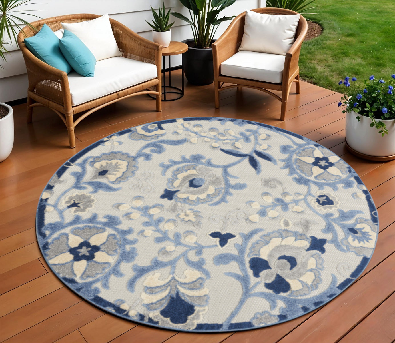 8' Blue And Gray Round Floral Indoor Outdoor Area Rug Homeroots Outdoor