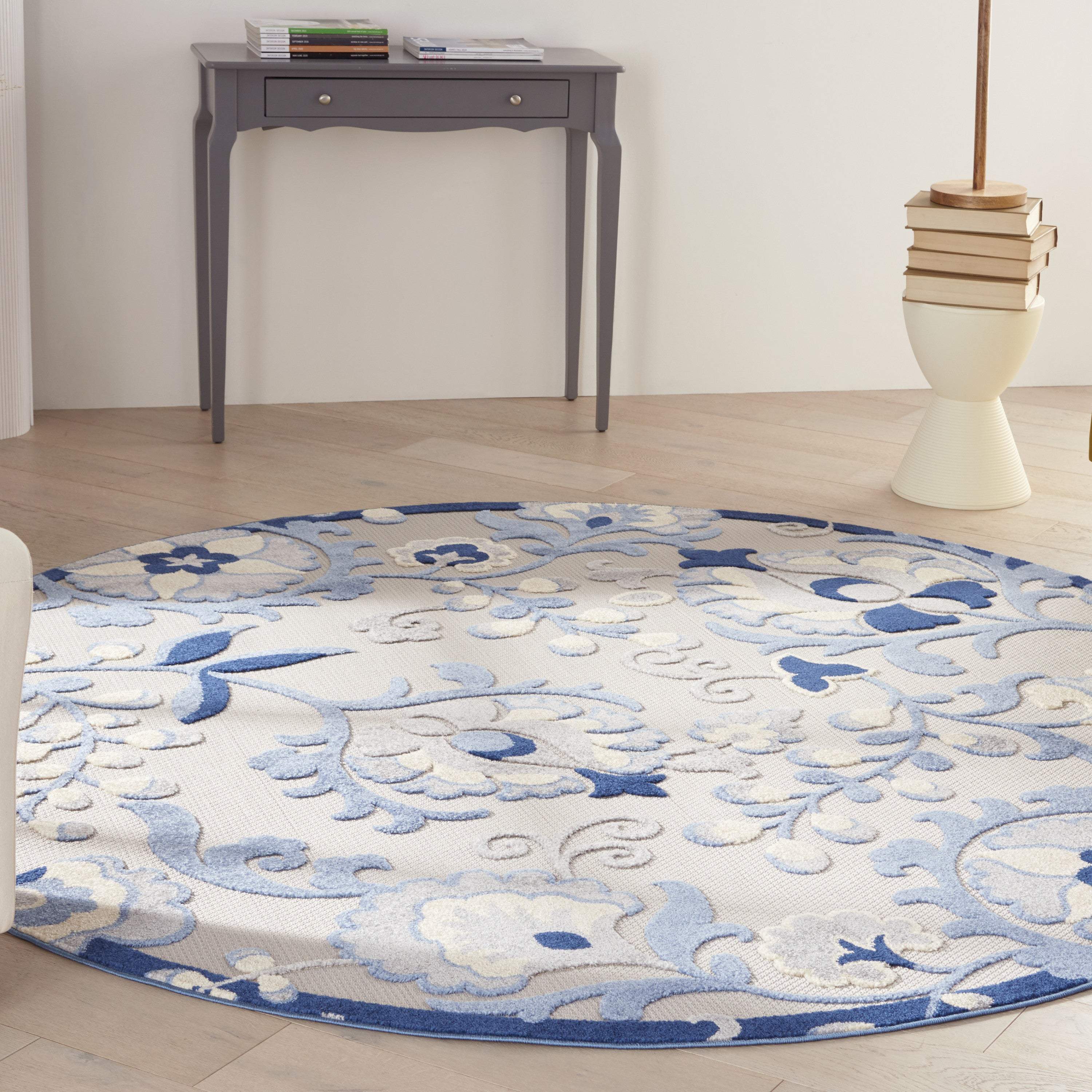 8' Blue And Gray Round Floral Indoor Outdoor Area Rug Homeroots Outdoor