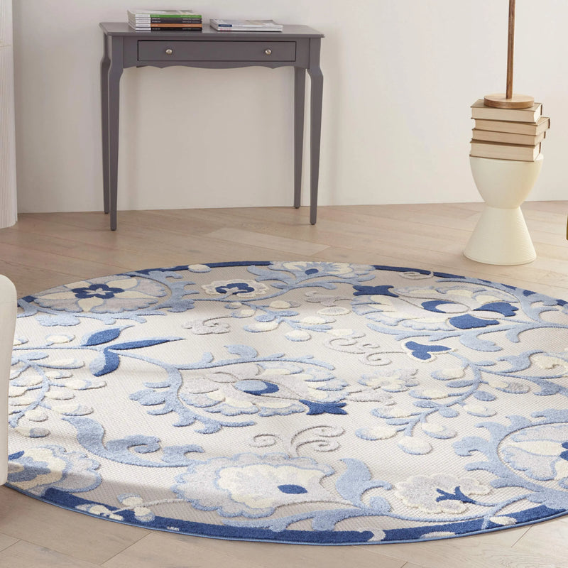 8' Blue And Gray Round Floral Indoor Outdoor Area Rug Homeroots Outdoor