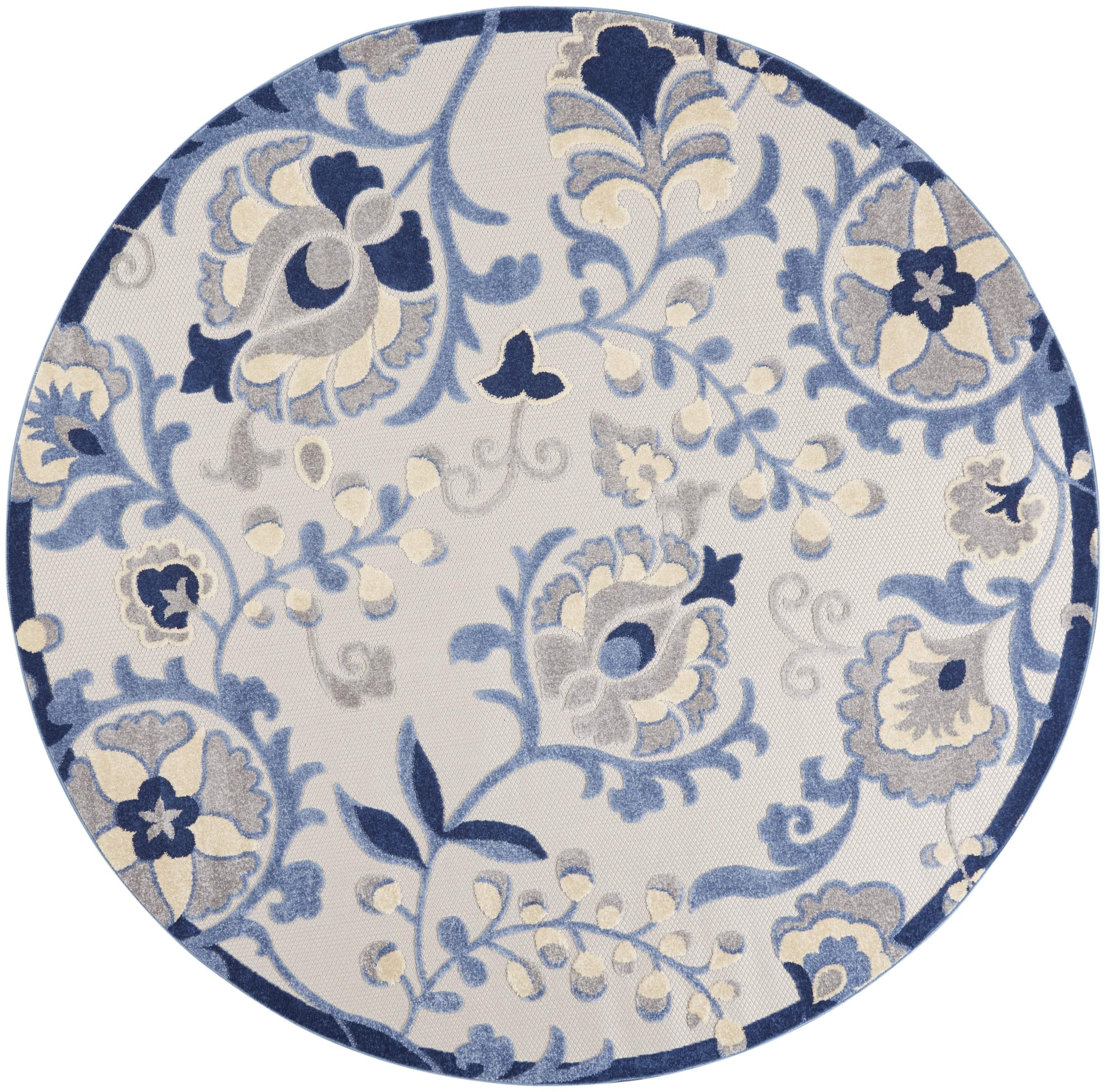 8' Blue And Gray Round Floral Indoor Outdoor Area Rug Homeroots Outdoor