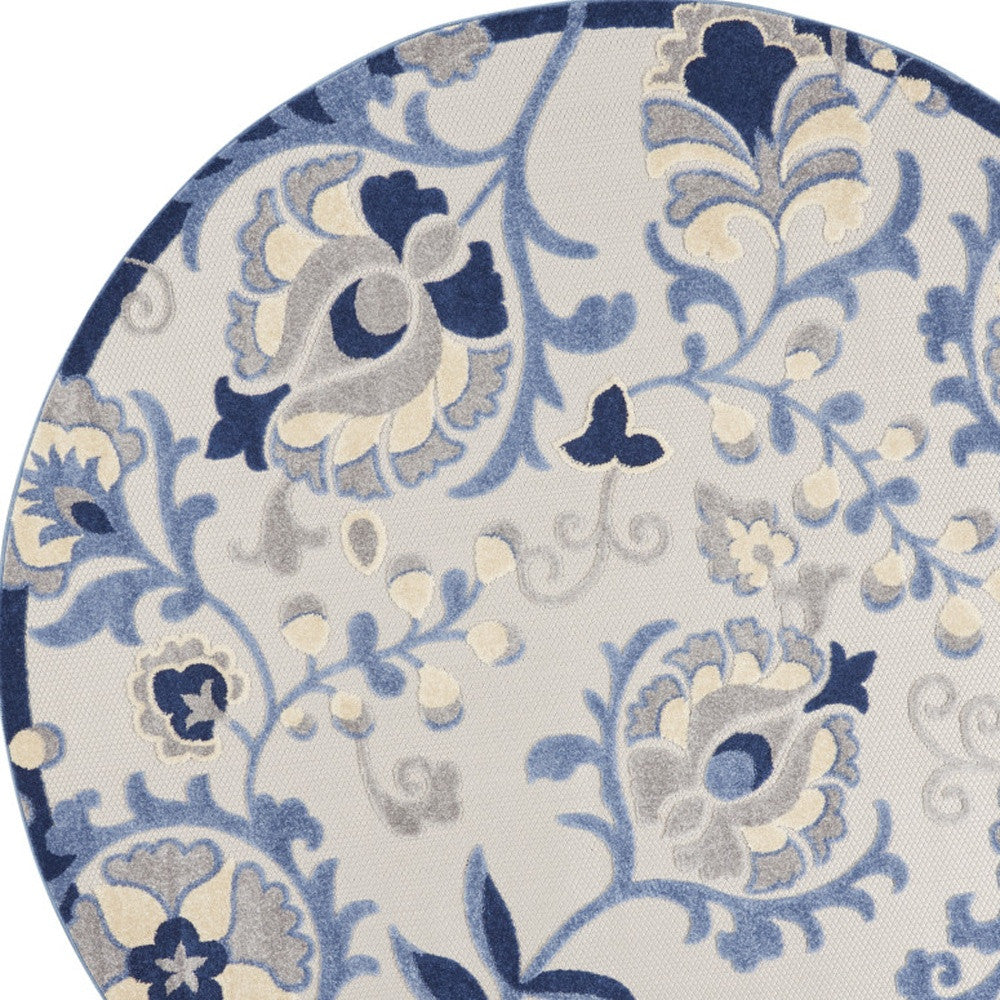 8' Blue And Gray Round Floral Indoor Outdoor Area Rug Homeroots Outdoor