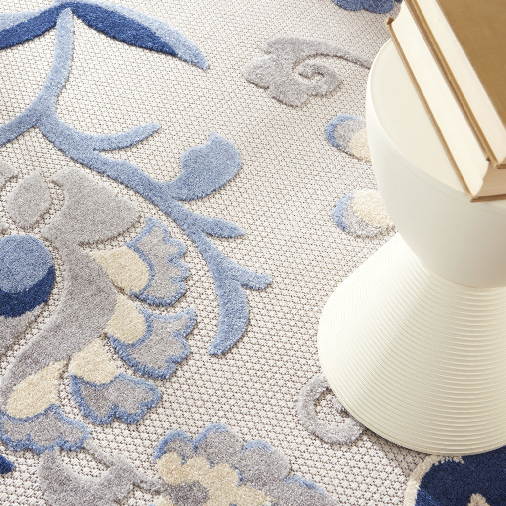 8' Blue And Gray Round Floral Indoor Outdoor Area Rug Homeroots Outdoor