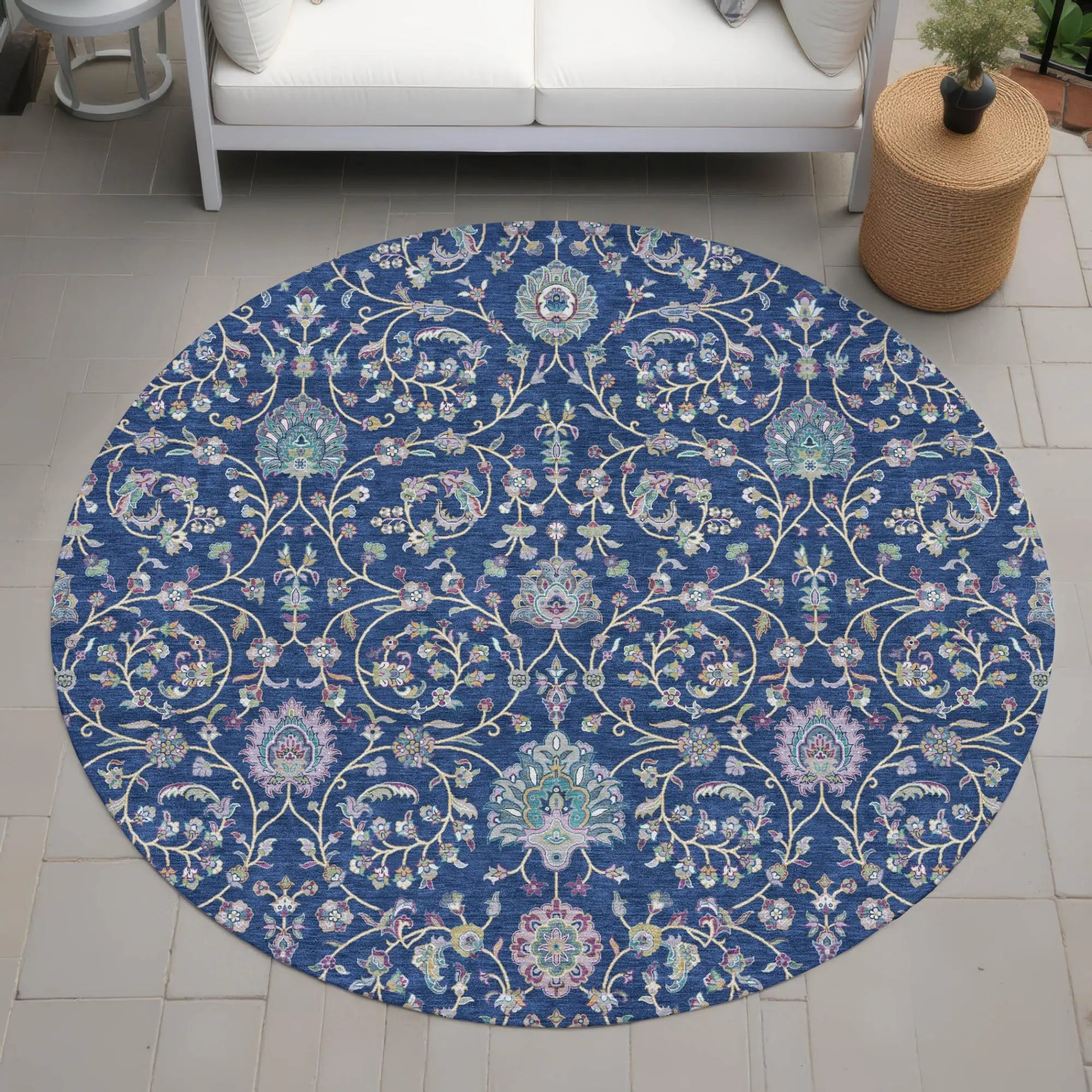 8' Blue And Gray Round Floral Washable Indoor Outdoor Area Rug Homeroots Outdoor