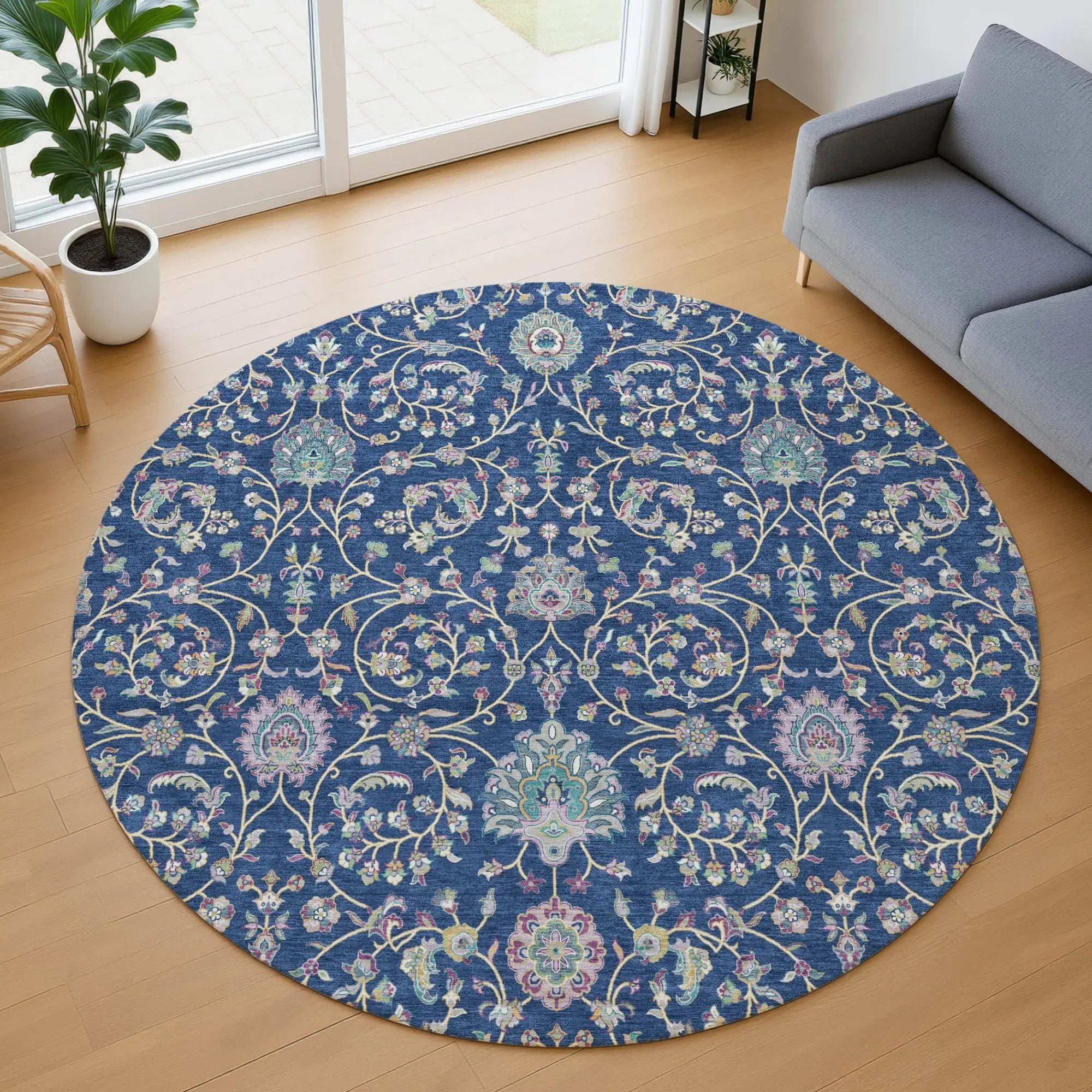 8' Blue And Gray Round Floral Washable Indoor Outdoor Area Rug Homeroots Outdoor