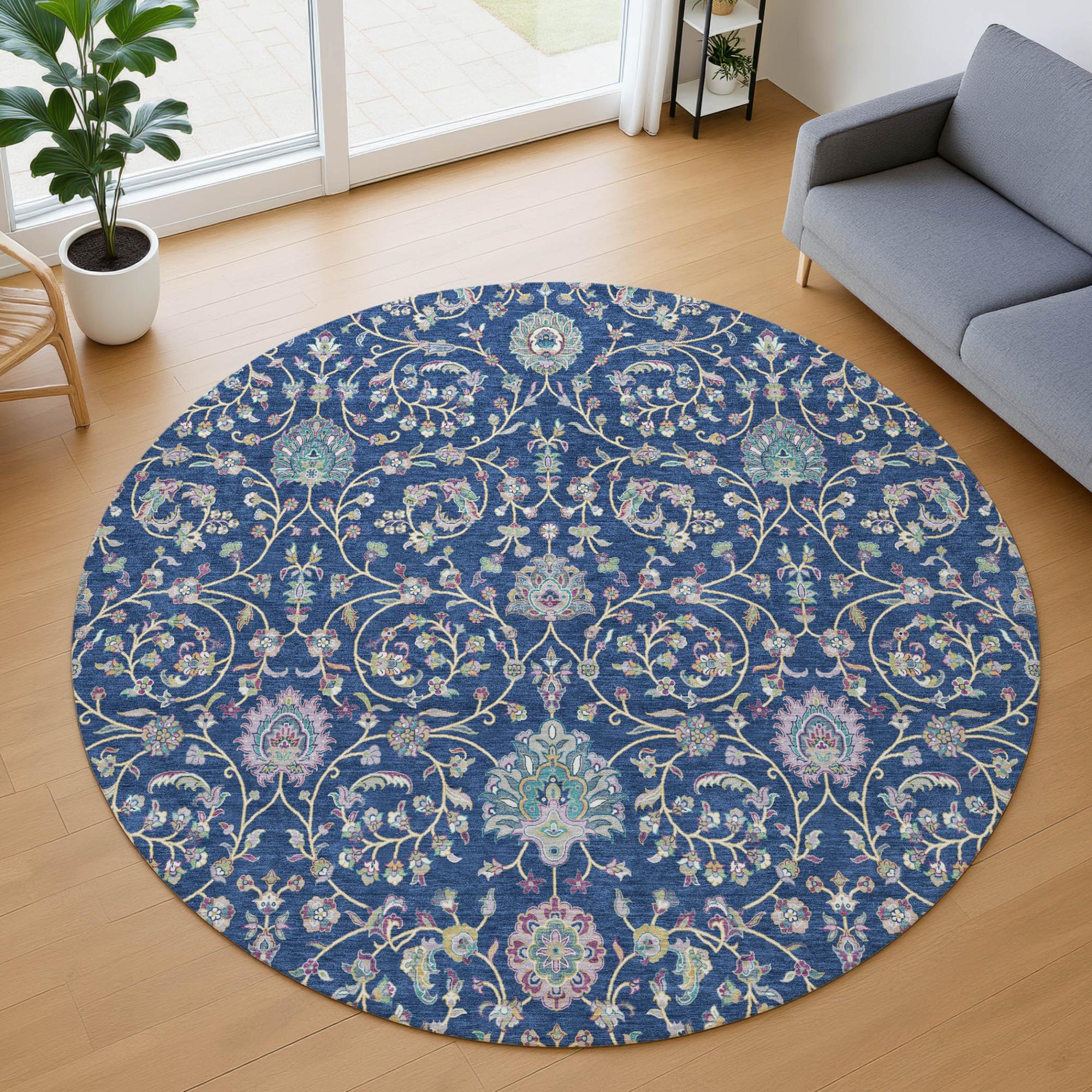 8' Blue And Gray Round Floral Washable Indoor Outdoor Area Rug Homeroots Outdoor