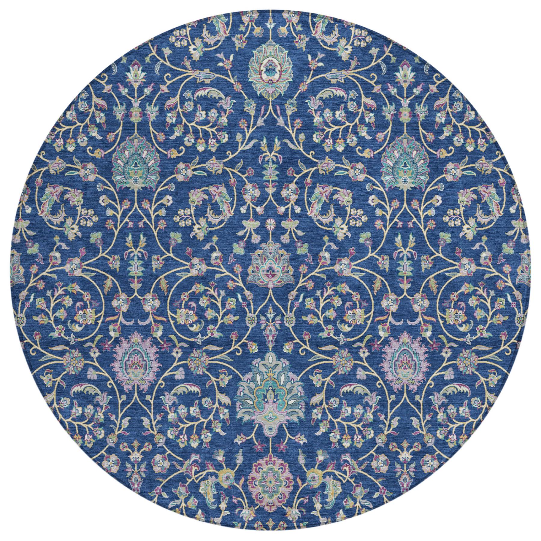 8' Blue And Gray Round Floral Washable Indoor Outdoor Area Rug Homeroots Outdoor