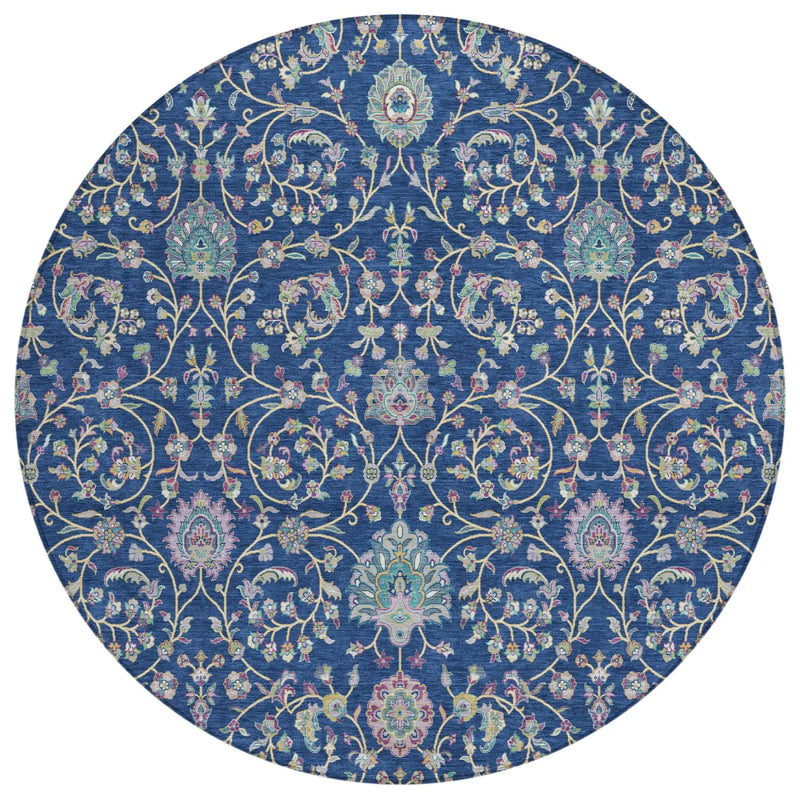 8' Blue And Gray Round Floral Washable Indoor Outdoor Area Rug Homeroots Outdoor