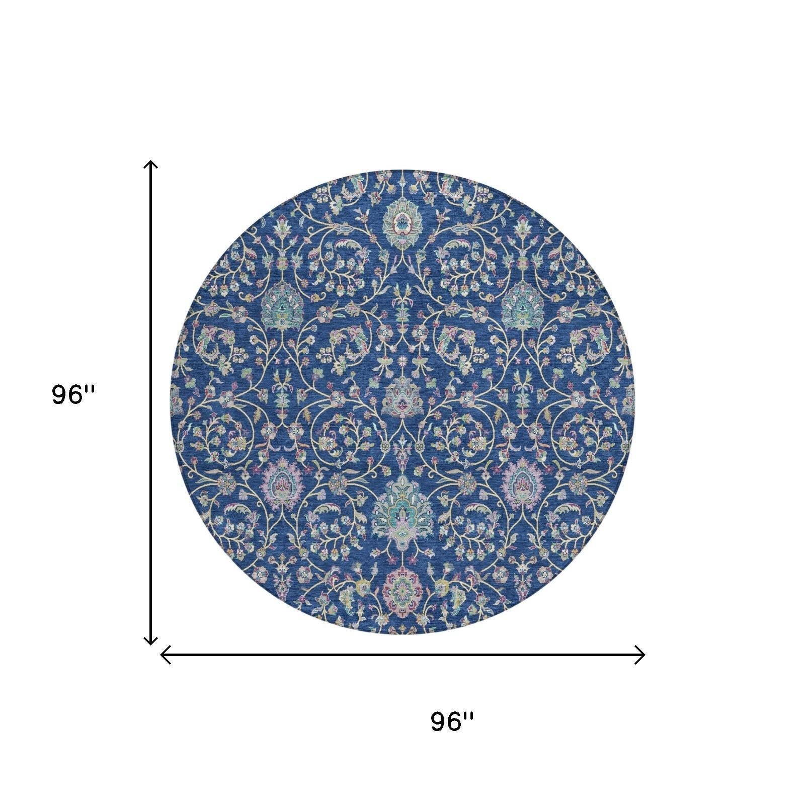 8' Blue And Gray Round Floral Washable Indoor Outdoor Area Rug Homeroots Outdoor