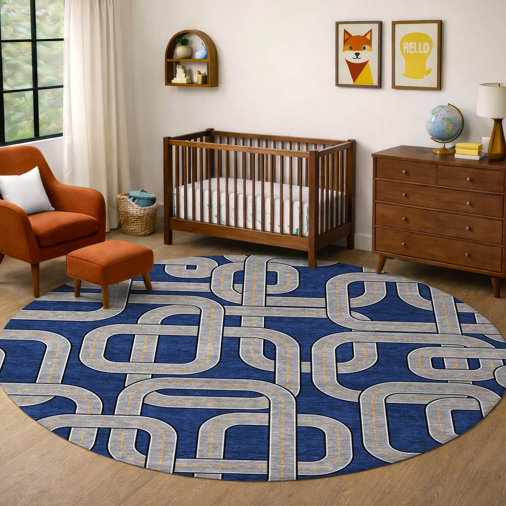 8' Blue And Gray Round Geometric Washable Indoor Outdoor Area Rug Homeroots Outdoor