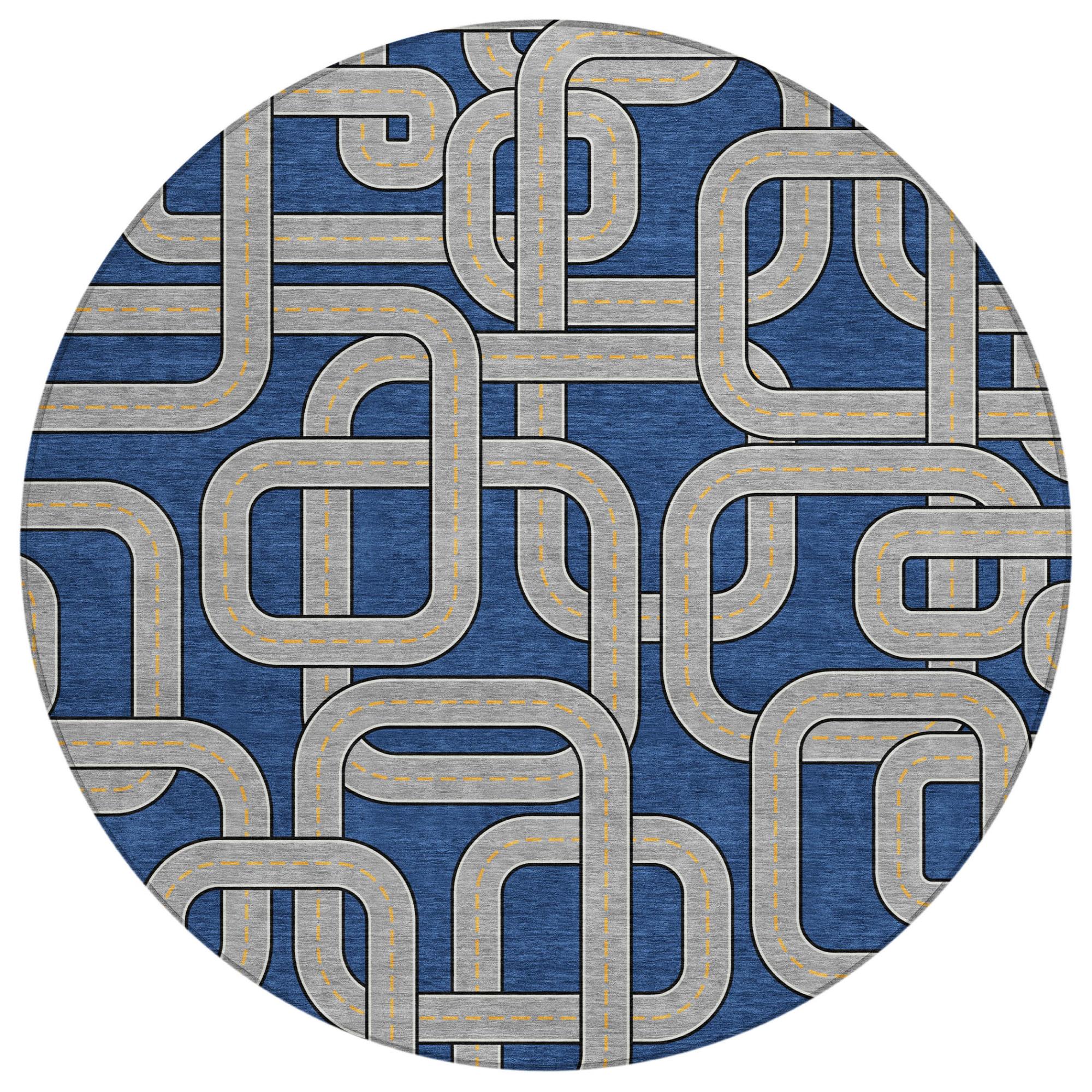 8' Blue And Gray Round Geometric Washable Indoor Outdoor Area Rug Homeroots Outdoor