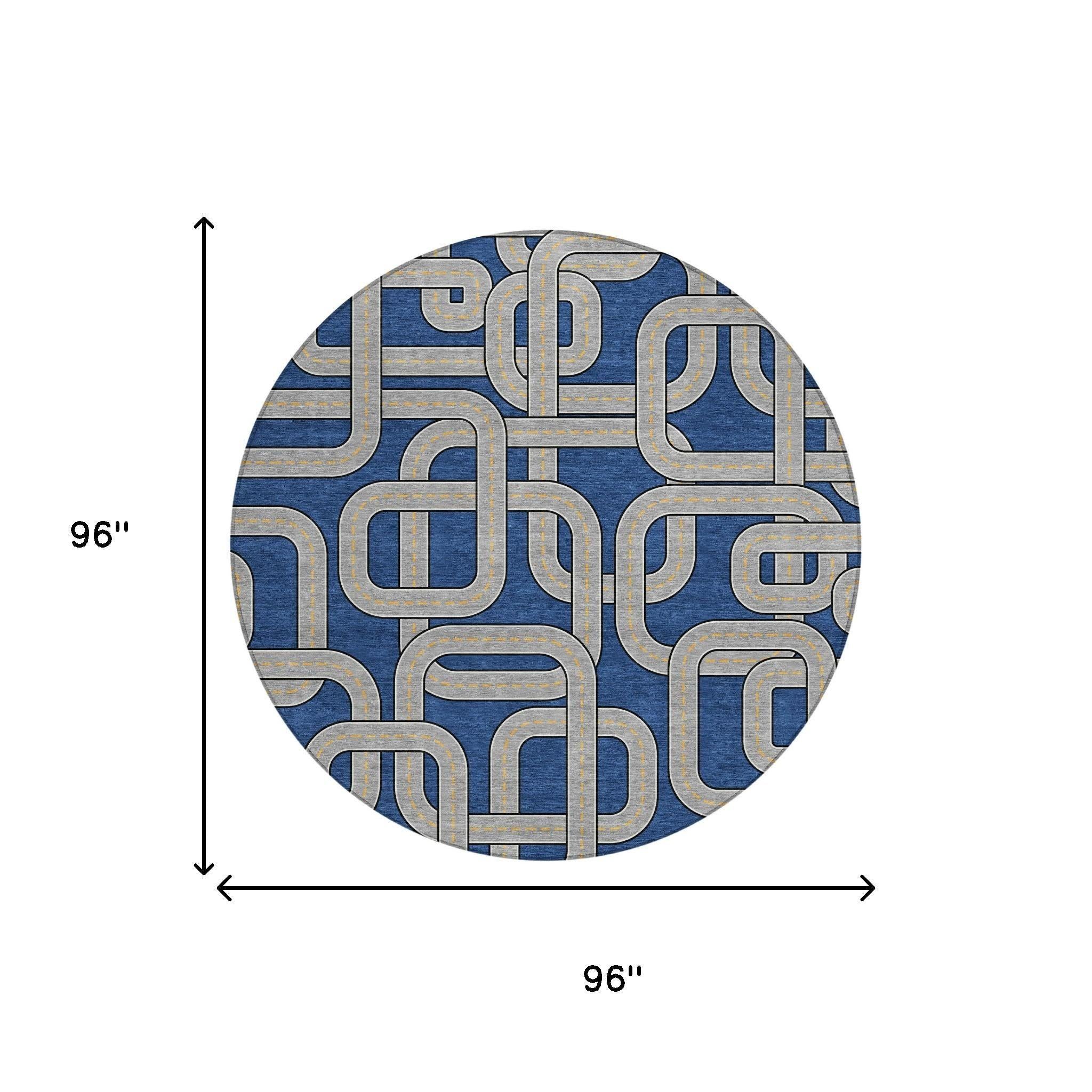 8' Blue And Gray Round Geometric Washable Indoor Outdoor Area Rug Homeroots Outdoor