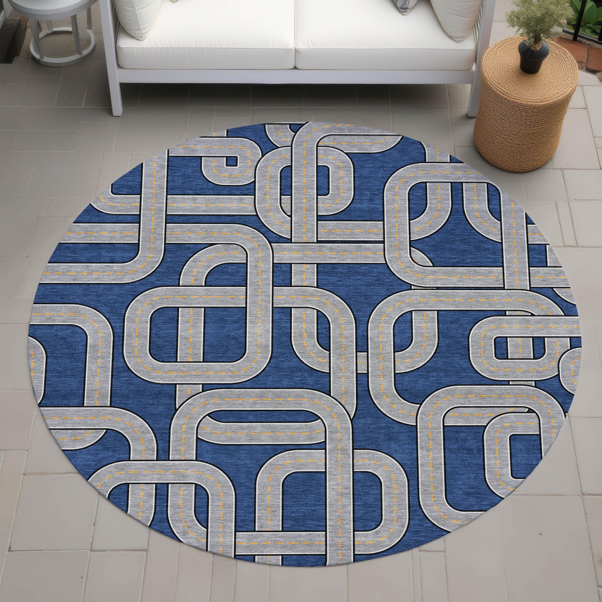 8' Blue And Gray Round Geometric Washable Indoor Outdoor Area Rug Homeroots Outdoor