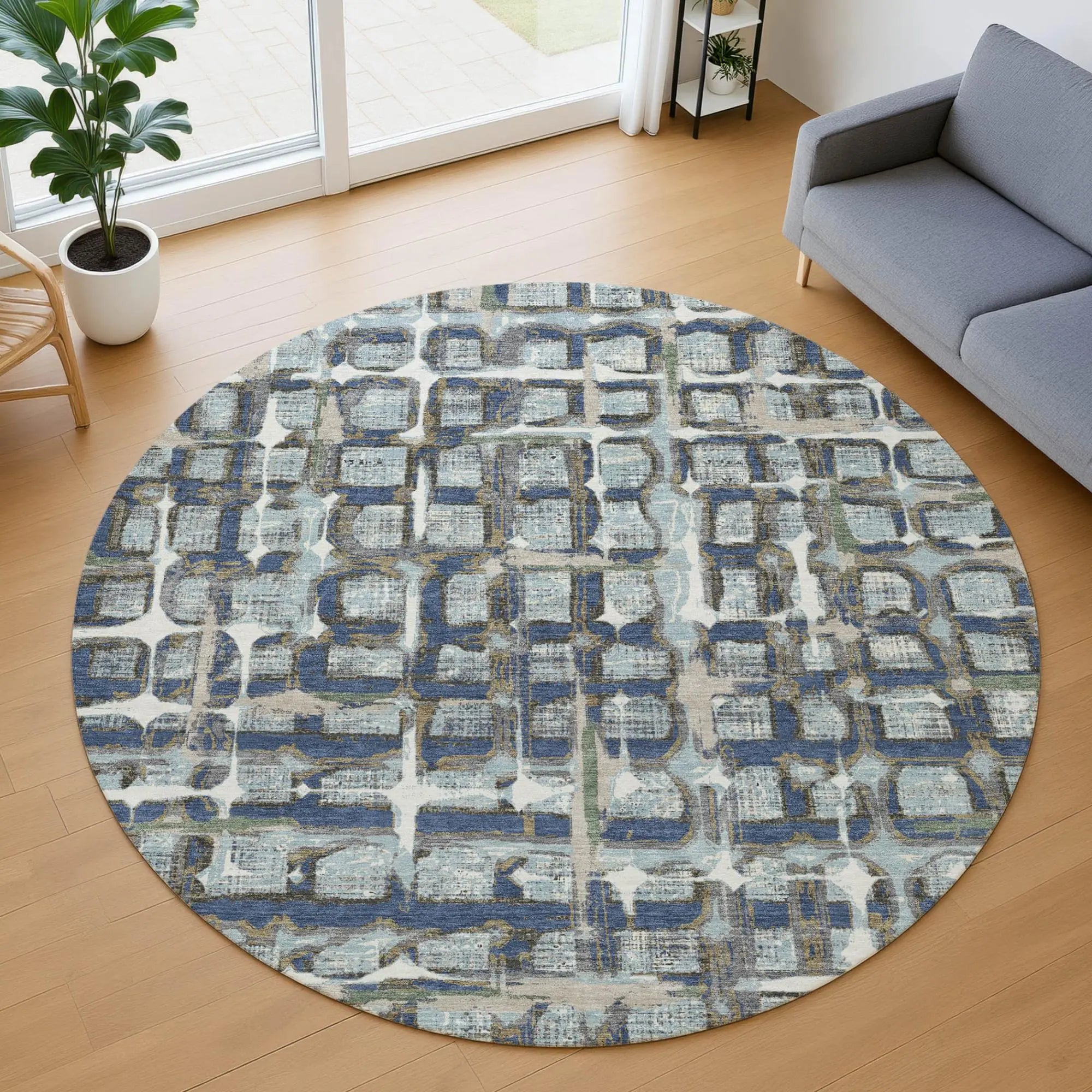 8' Blue And Gray Round Geometric Washable Indoor Outdoor Area Rug Homeroots Outdoor