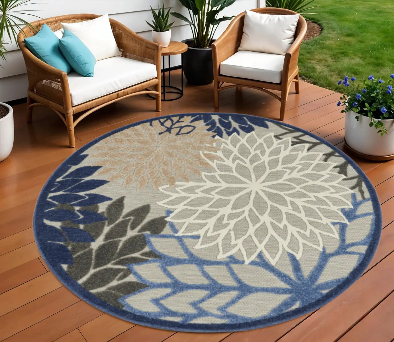 8' Blue And Gray Round Indoor Outdoor Area Rug - GreatEagleInc