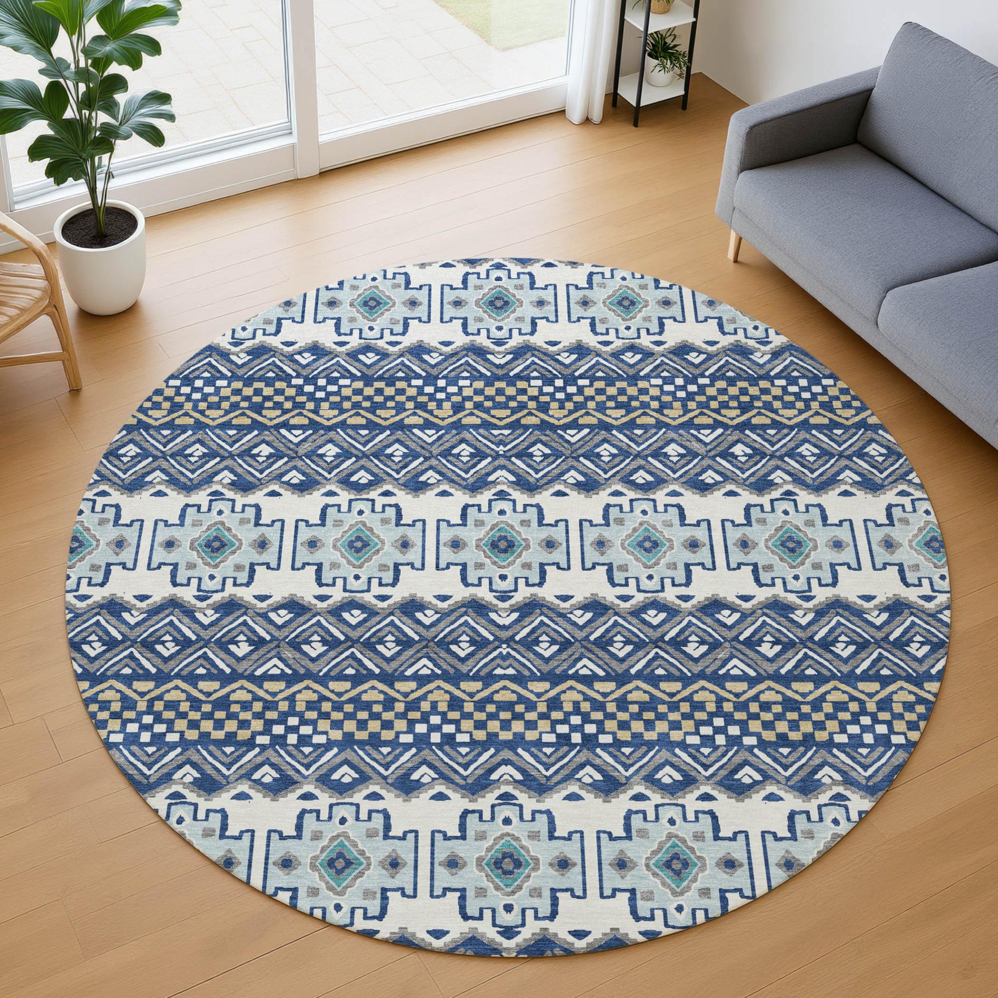 8' Blue And Gray Round Striped Washable Indoor Outdoor Area Rug Homeroots Outdoor