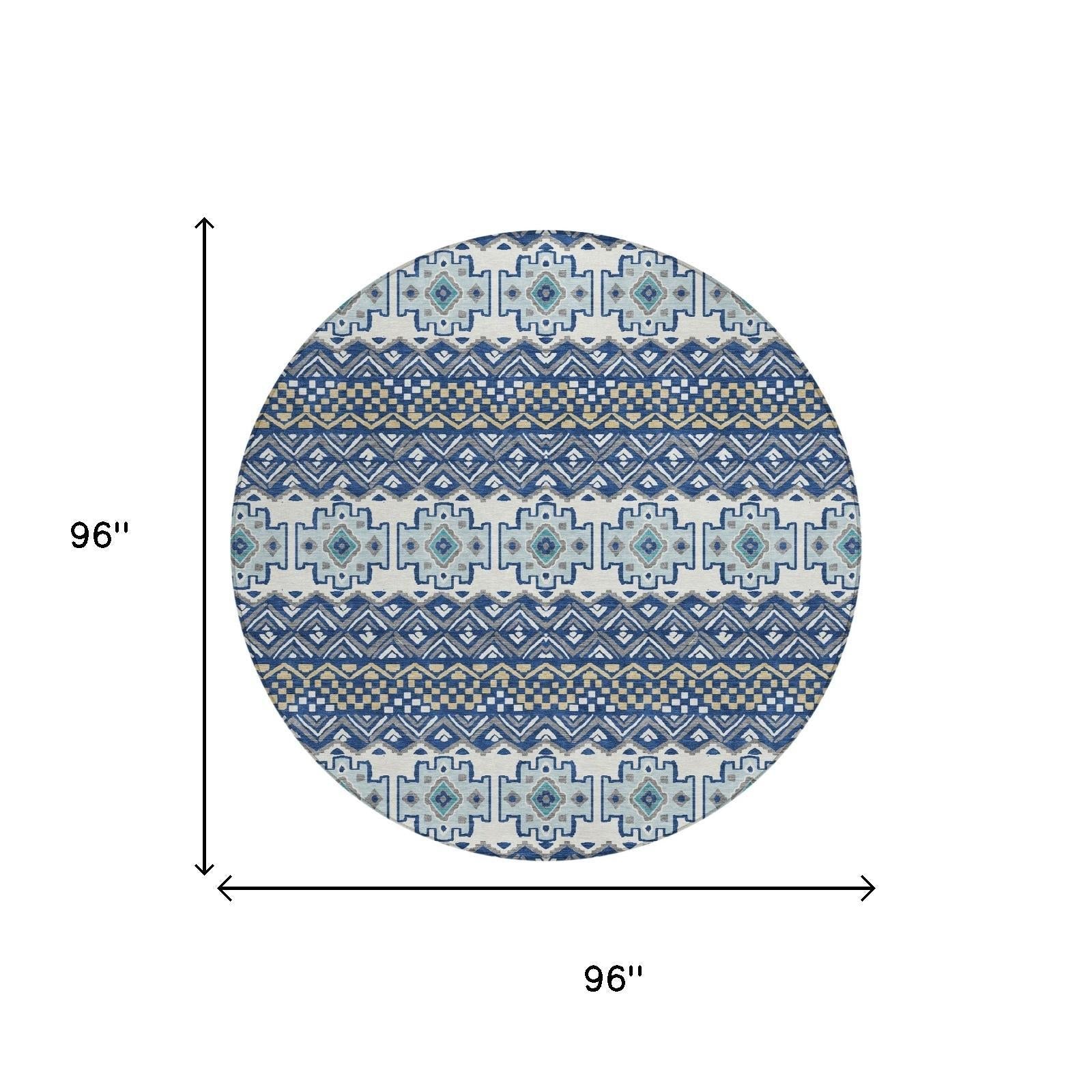 8' Blue And Gray Round Striped Washable Indoor Outdoor Area Rug Homeroots Outdoor