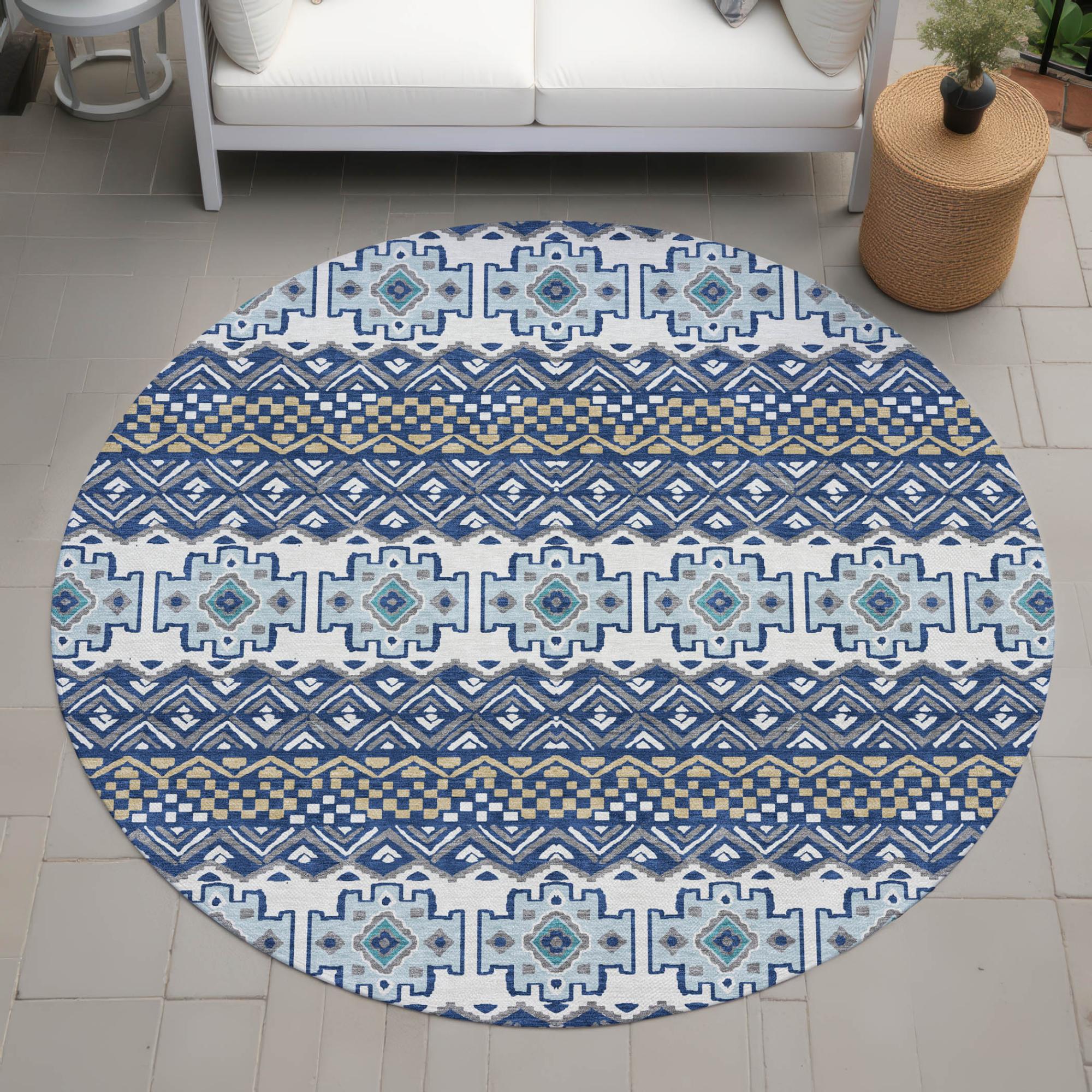 8' Blue And Gray Round Striped Washable Indoor Outdoor Area Rug Homeroots Outdoor