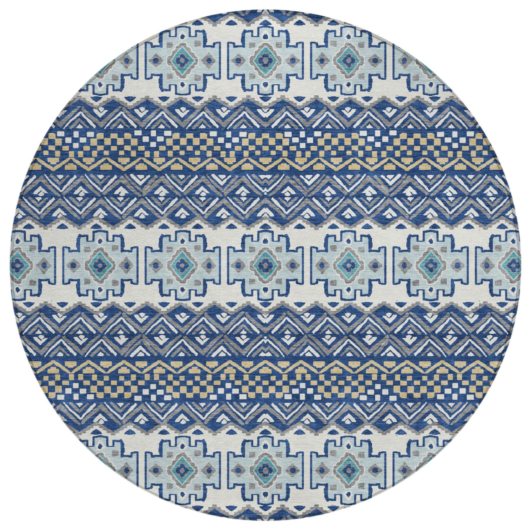 8' Blue And Gray Round Striped Washable Indoor Outdoor Area Rug Homeroots Outdoor