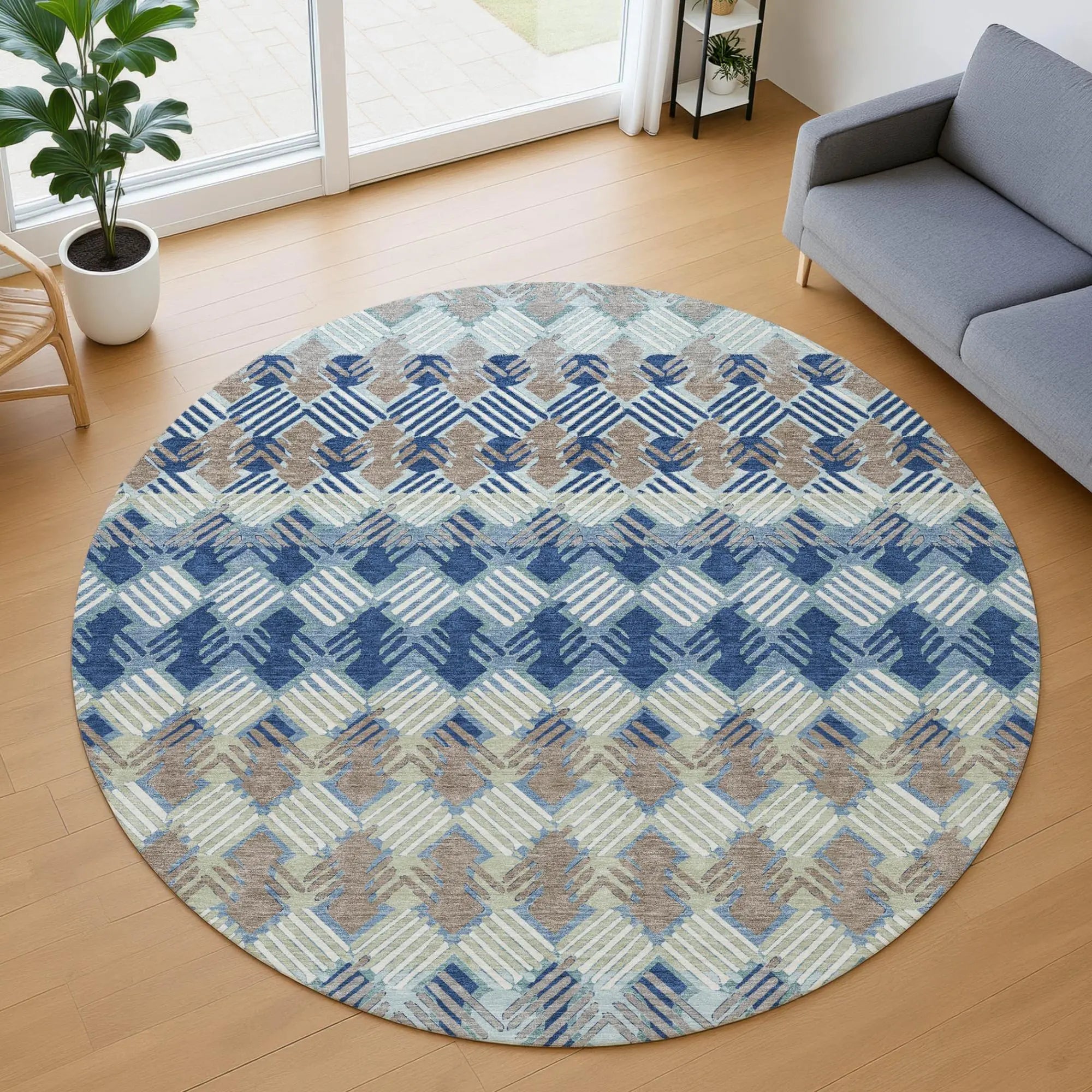 8' Blue And Gray Round Striped Washable Indoor Outdoor Area Rug Homeroots Outdoor