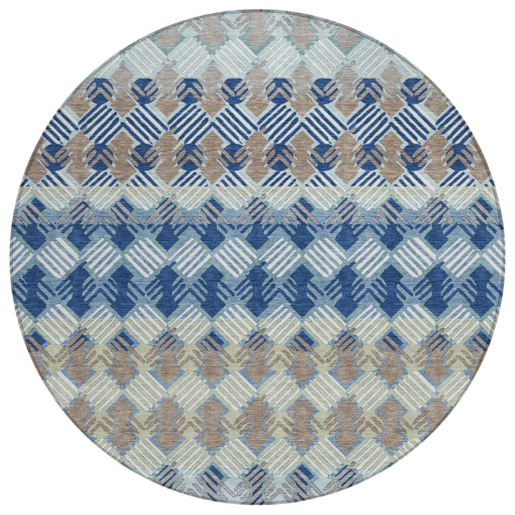 8' Blue And Gray Round Striped Washable Indoor Outdoor Area Rug Homeroots Outdoor