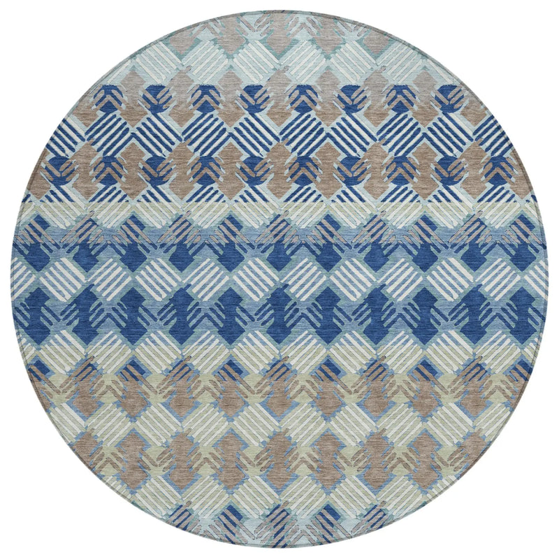 8' Blue And Gray Round Striped Washable Indoor Outdoor Area Rug Homeroots Outdoor