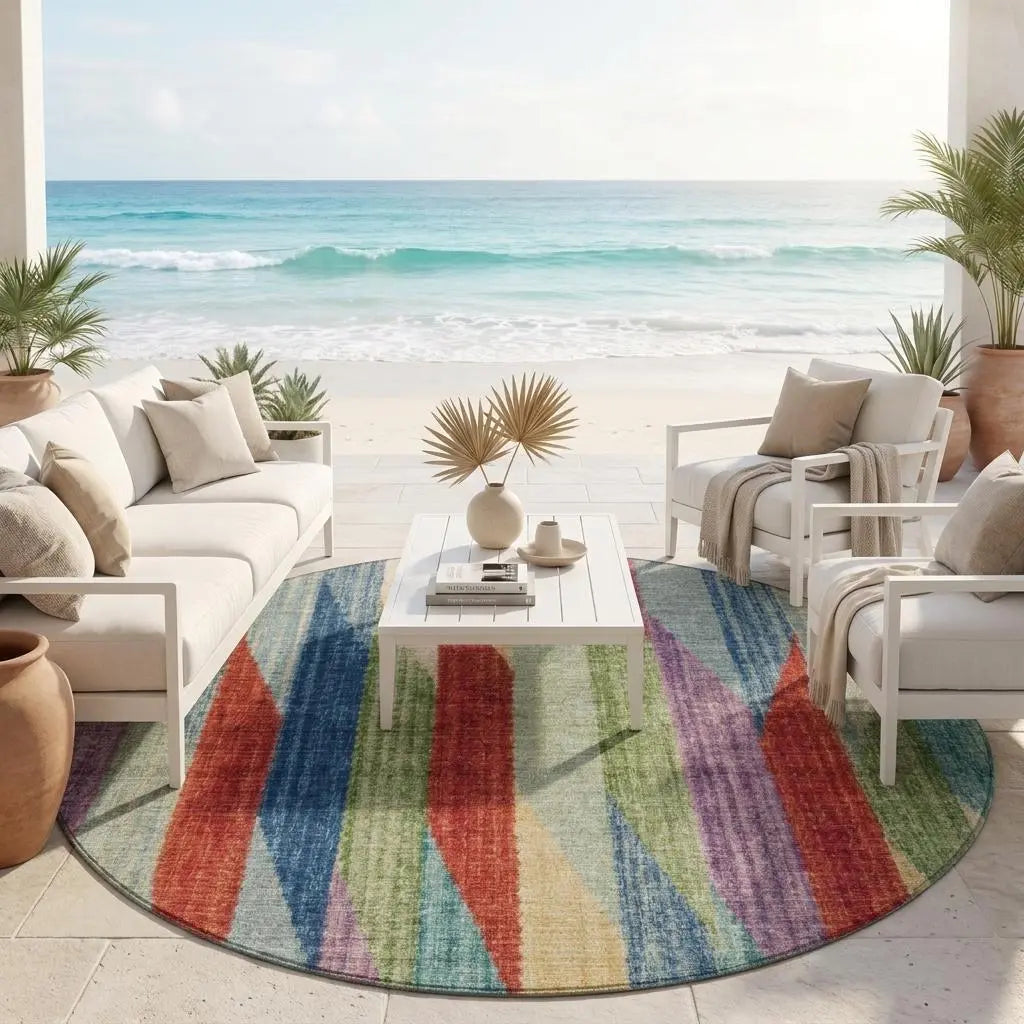 8' Blue And Gray Round Striped Washable Indoor Outdoor Area Rug Homeroots Outdoor