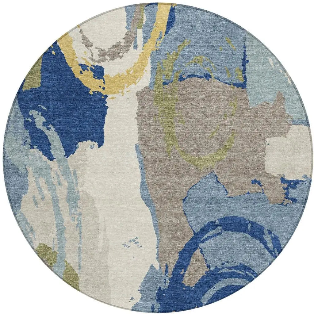 8' Blue And Green Round Abstract Washable Indoor Outdoor Area Rug Homeroots Outdoor
