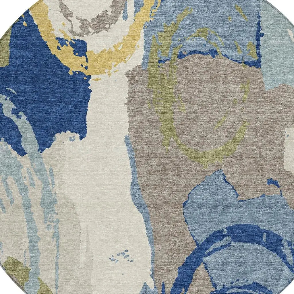 8' Blue And Green Round Abstract Washable Indoor Outdoor Area Rug Homeroots Outdoor